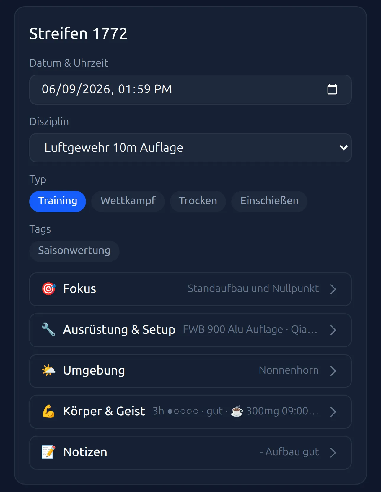 Recording training — details card with expandable sections