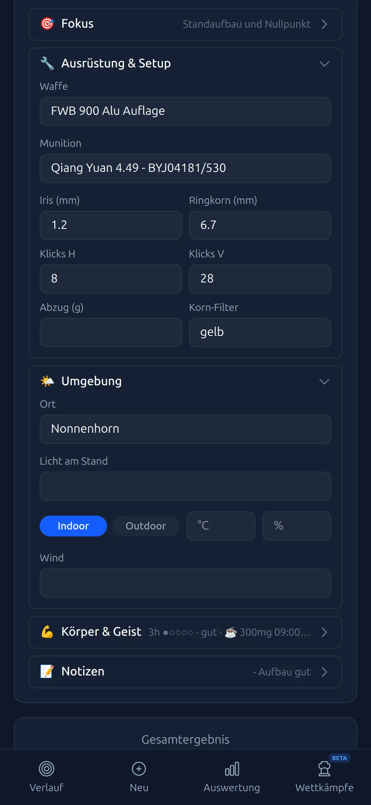 Recording training — conditions, weapon, location and notes