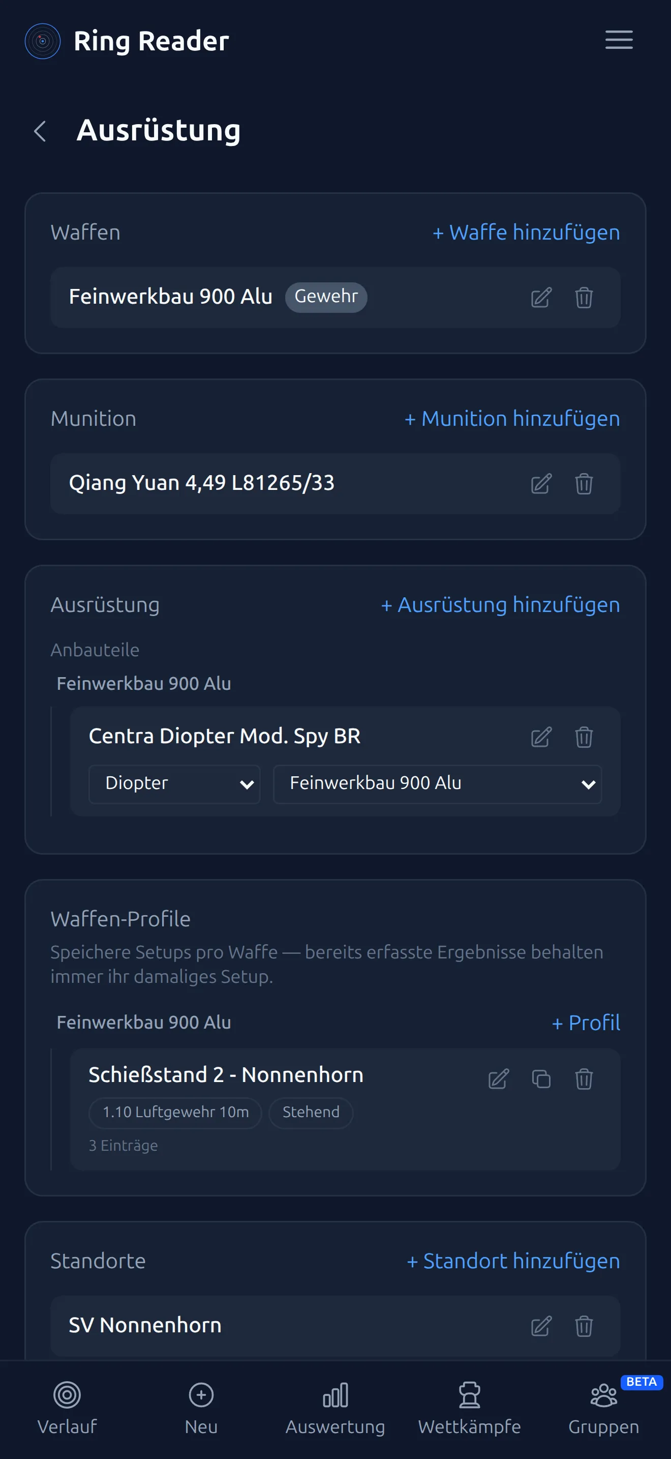 Ausrüstung und Ausrüstungsprofile in Ring Reader auswählen