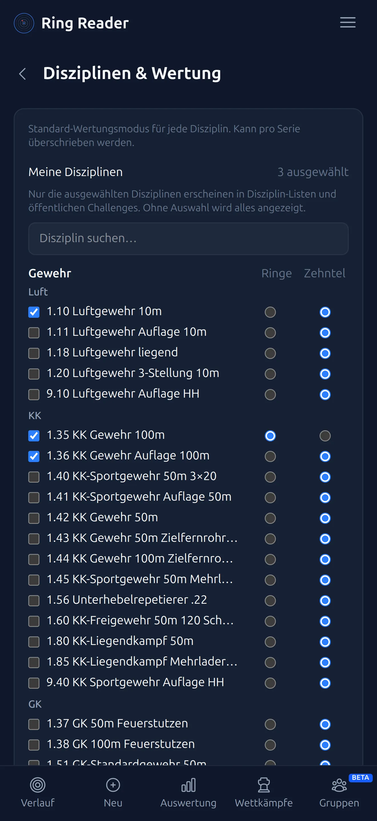 Disziplinen und Wertung in Ring Reader auswählen