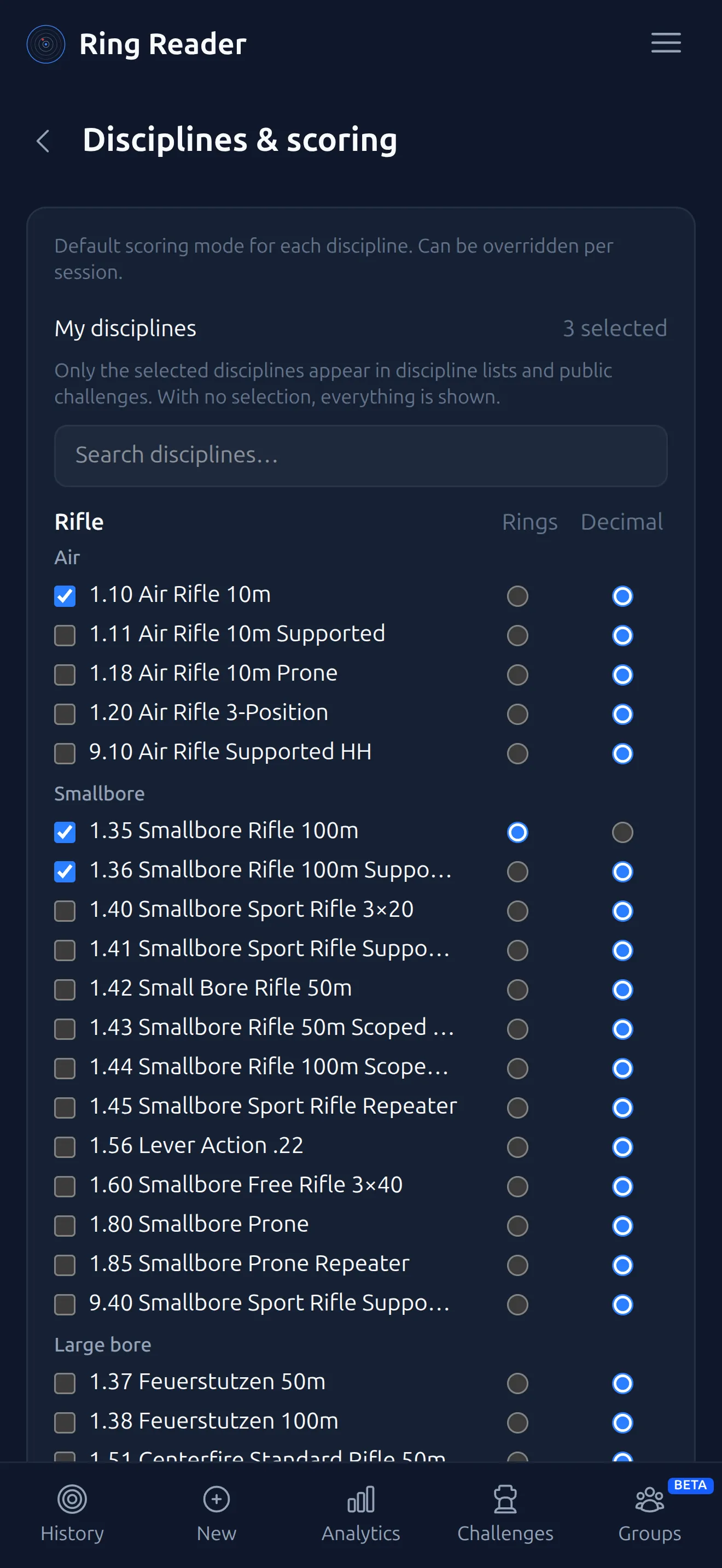 Choosing disciplines and scoring in Ring Reader