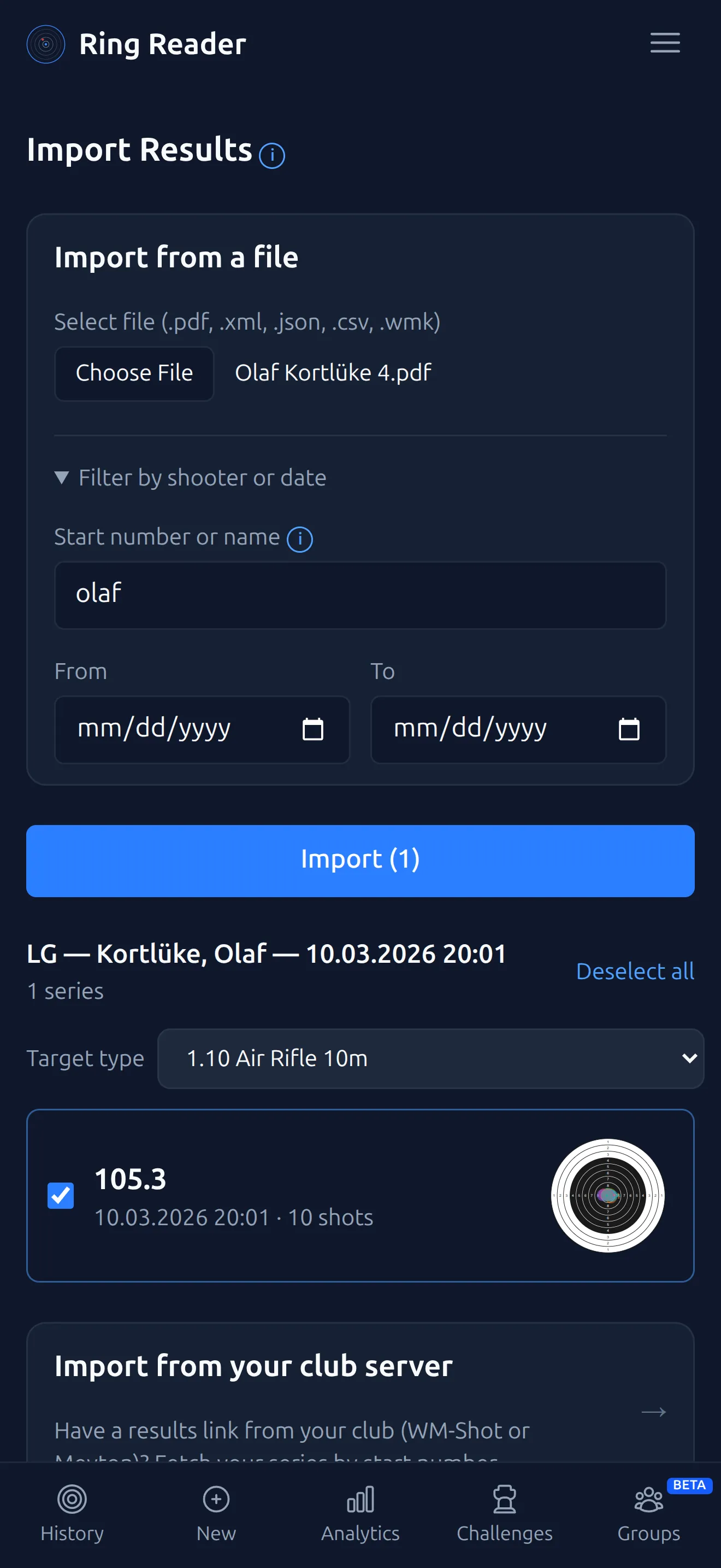Import a Meyton PDF with a filter in Ring Reader