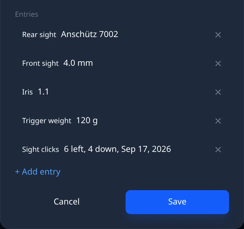 Ring Reader screenshot: profile editor with the entries of the weapon profile and the new entry "Sight clicks" with the value "6 left, 4 down, Sep 17, 2026"