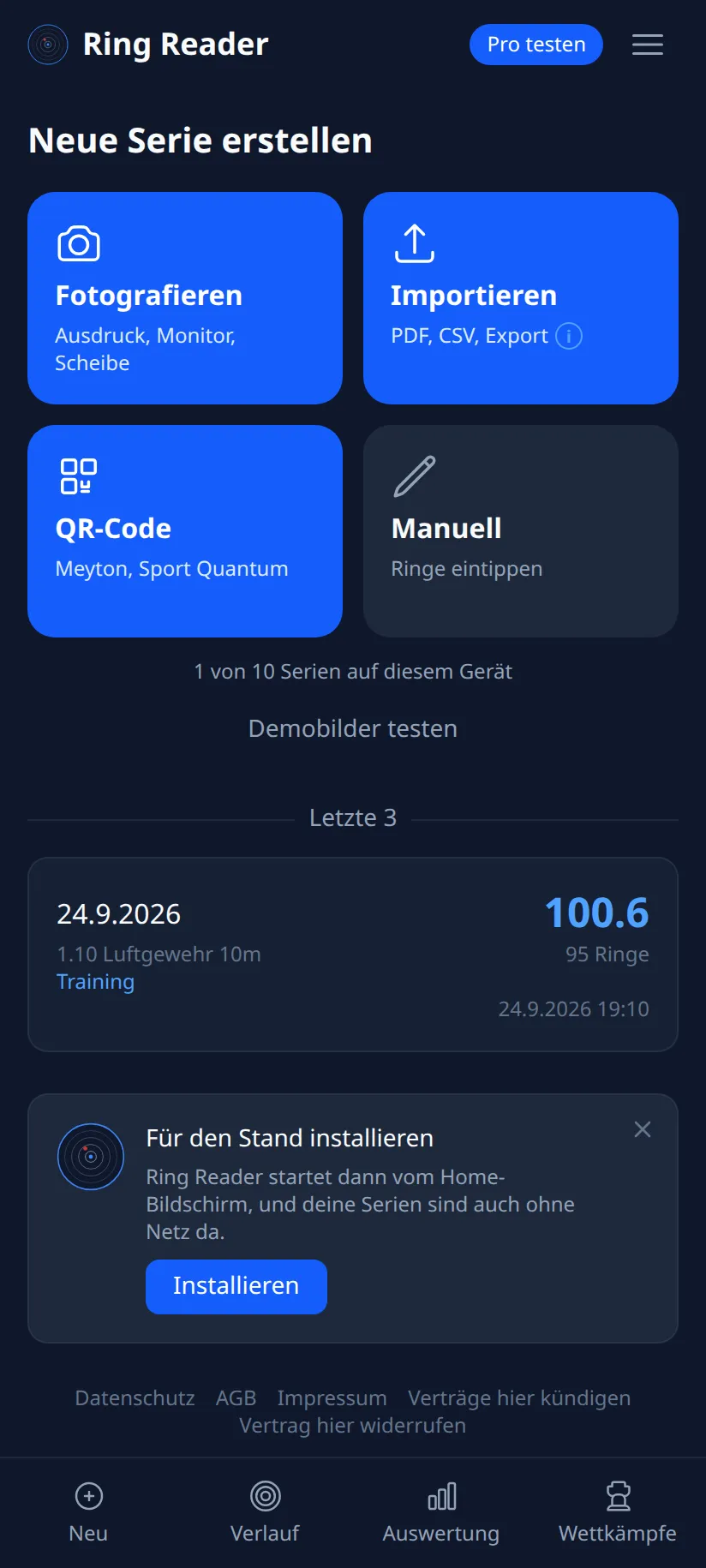 Ring Reader Screenshot: Aufnahme-Seite nach der ersten Serie mit dem Banner „Für den Stand installieren“ und dem Button „Installieren“