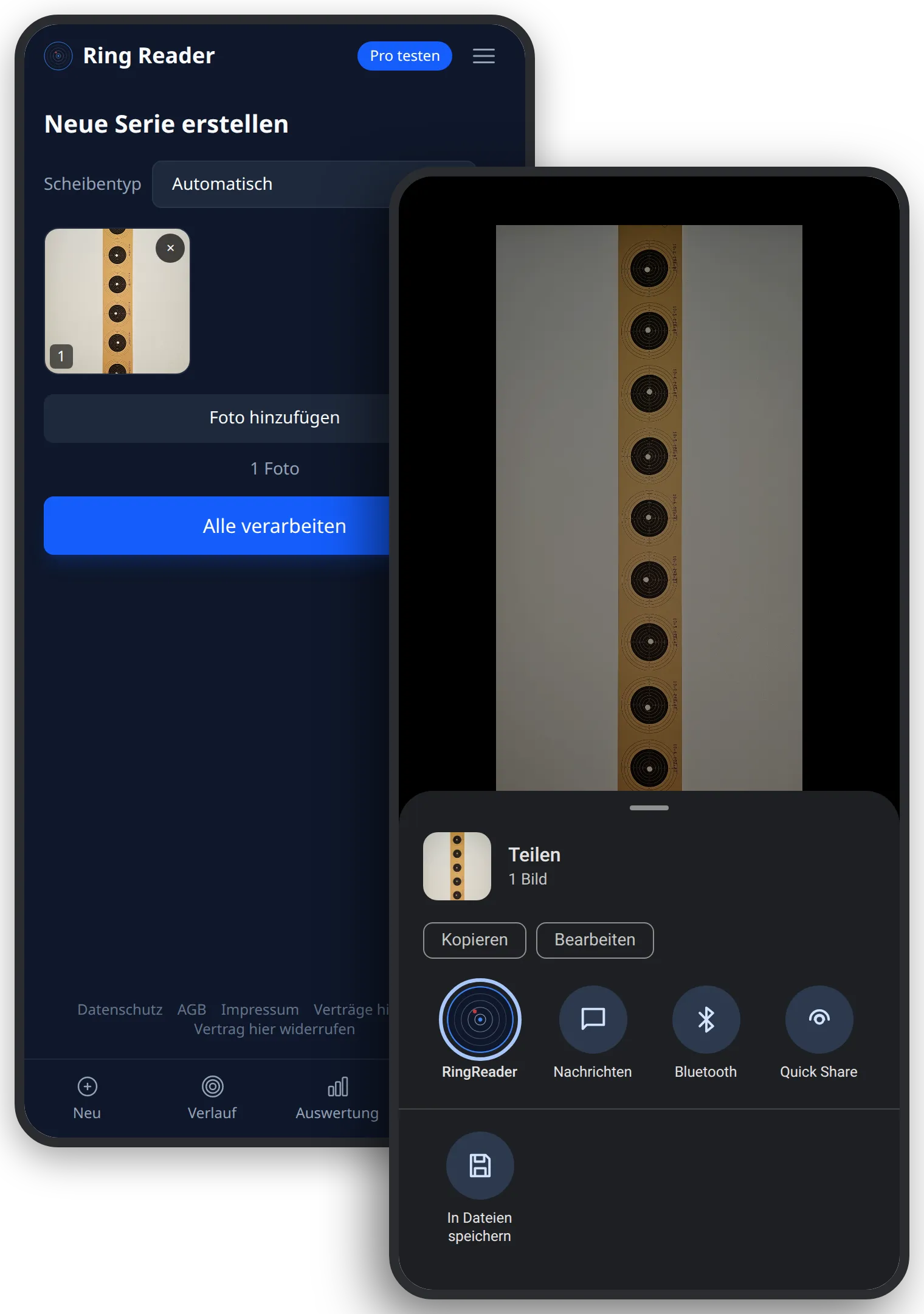 Teilen-Menü der Galerie mit dem Ring-Reader-Symbol, dahinter die Aufnahme-Seite mit dem empfangenen Foto des Streifens und dem Button „Alle verarbeiten“