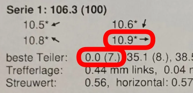 Image: your own Meyton printout with a 0.0 in the Teiler column and the direction arrow next to it