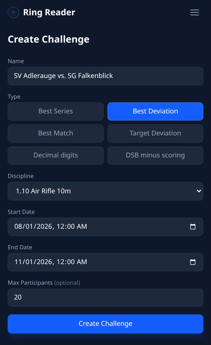 Ring Reader screenshot: the "Create Challenge" form with the name "SV Adlerauge vs. SG Falkenblick", type "Best Deviation", discipline "1.10 Air Rifle 10m", start date 08/01/2026, 12:00 AM, end date 11/01/2026, 12:00 AM and "Max Participants" 20