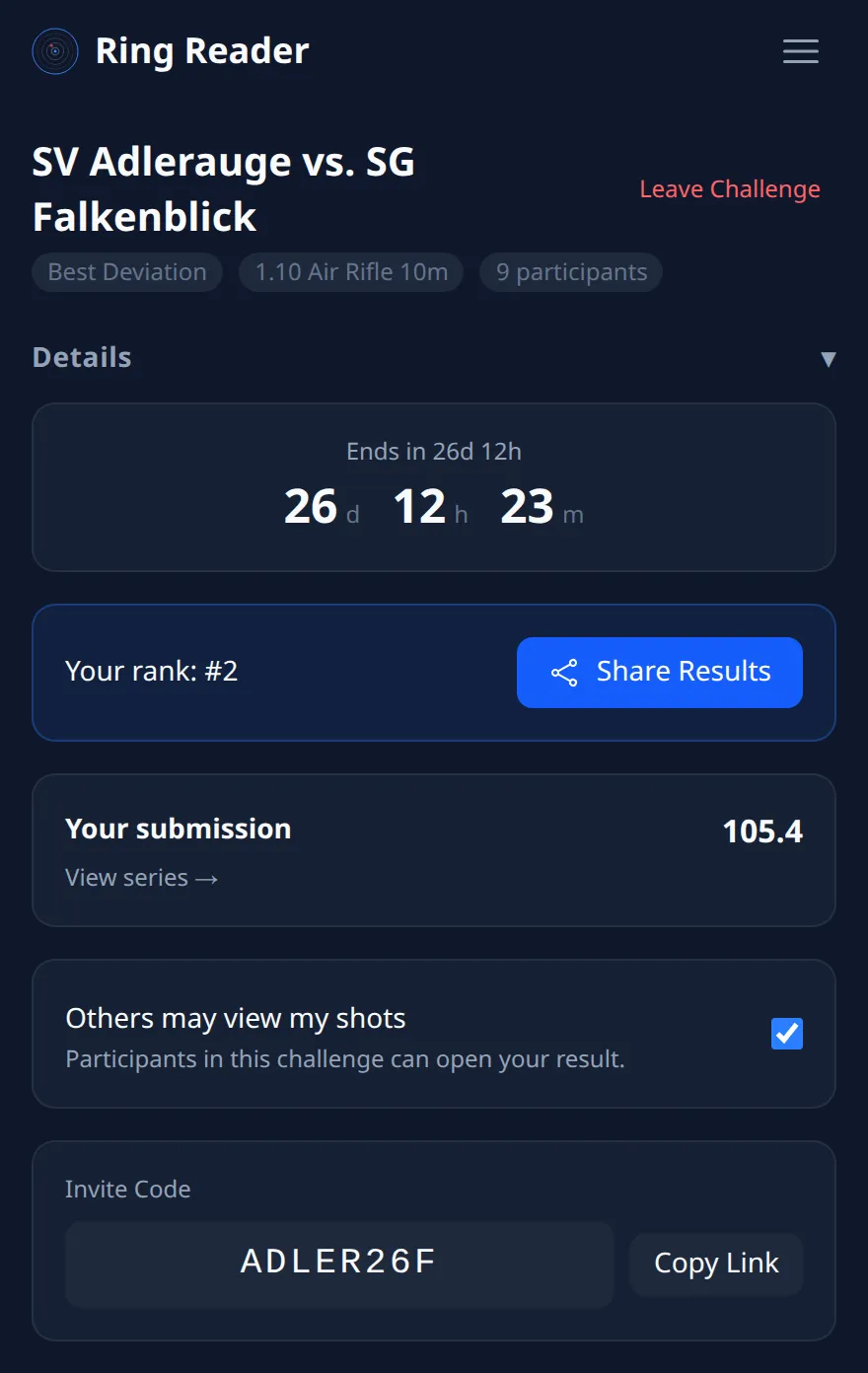 Ring Reader screenshot: the competition page "SV Adlerauge vs. SG Falkenblick" with "Best Deviation", "1.10 Air Rifle 10m" and "9 participants", below it "Ends in 26d 12h", "Your rank: #2" with the "Share Results" button, "Your submission" with 105.4, the ticked "Others may view my shots" and at the bottom the "Invite Code" ADLER26F with the "Copy Link" button