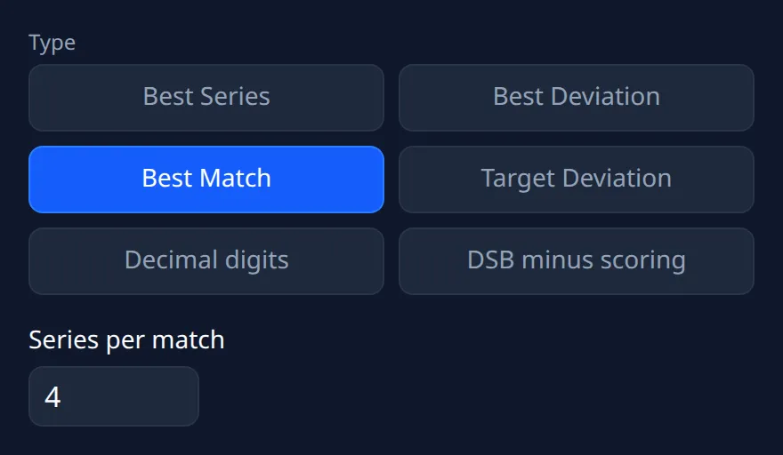 Ring Reader screenshot: the type picker in the create form with the six modes "Best Series", "Best Deviation", "Best Match", "Target Deviation", "Decimal digits" and "DSB minus scoring"; "Best Match" is selected with "Series per match" set to 4, so four series of 10 shots each