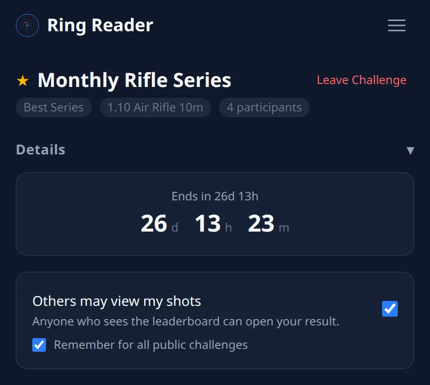 Ring Reader screenshot: the official monthly challenge "Monthly Rifle Series" with "Best Series", "1.10 Air Rifle 10m" and "4 participants", below it "Ends in 26d 13h" and both ticked: "Others may view my shots" with the note "Anyone who sees the leaderboard can open your result." and below it "Remember for all public challenges"