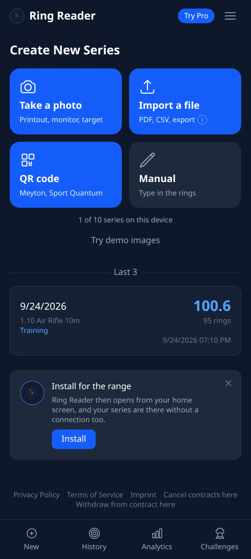 Ring Reader screenshot: the capture page after the first series with the banner "Install for the range" and the "Install" button