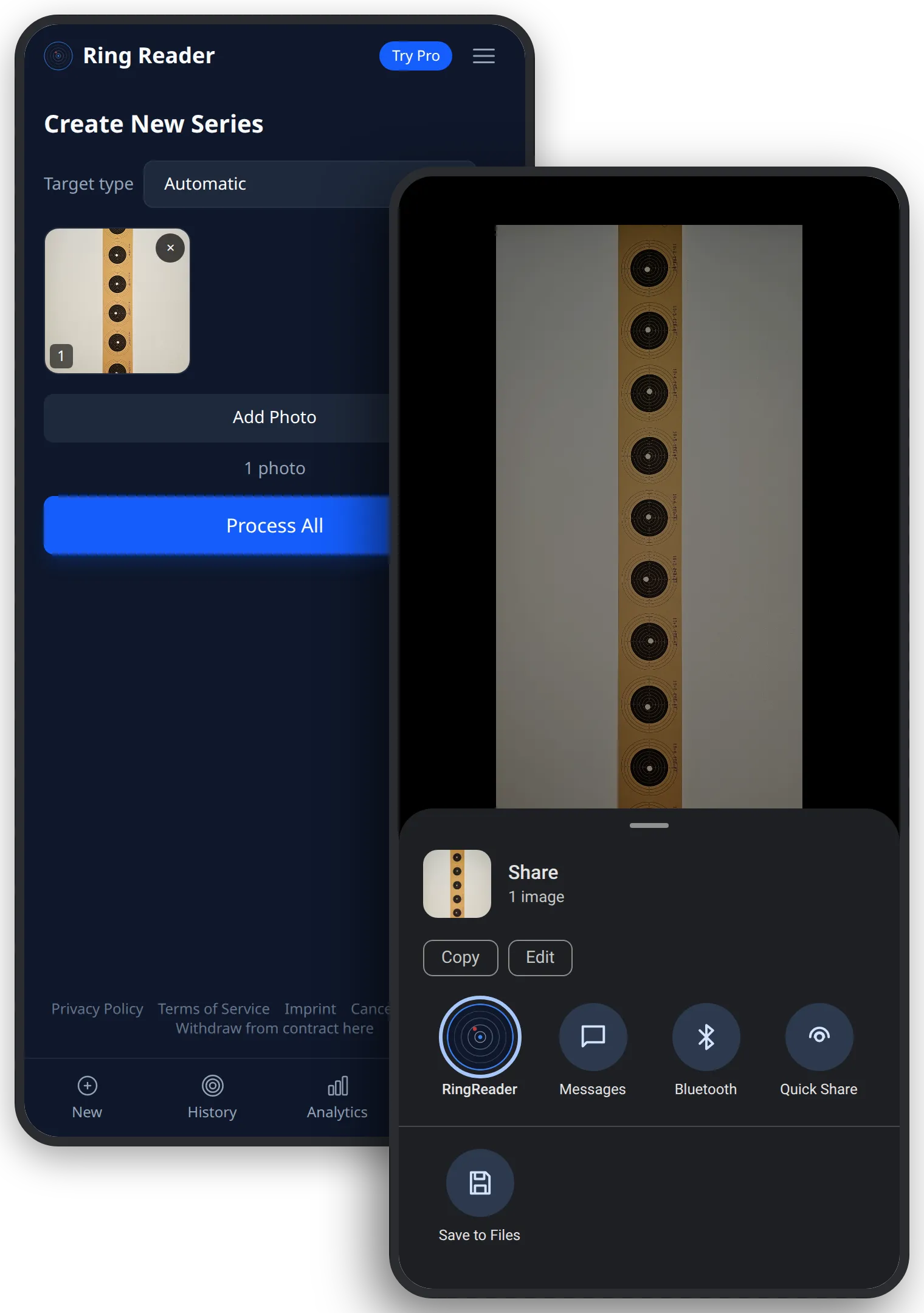 The gallery's share menu with the Ring Reader icon, behind it the capture page with the received photo of the strip and the "Process All" button