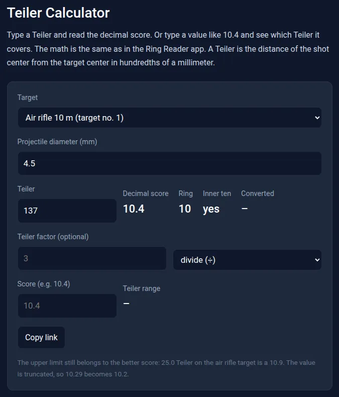 Screenshot: Teiler calculator with face Luftgewehr 10 m, input 137 Teiler, output 10.4 with inner ten