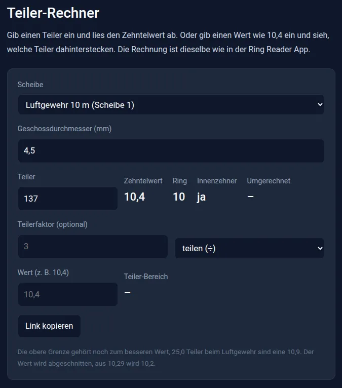 Screenshot: Teiler-Rechner mit Scheibe Luftgewehr 10 m, Eingabe 137 Teiler, Ausgabe 10,4 mit Innenzehner