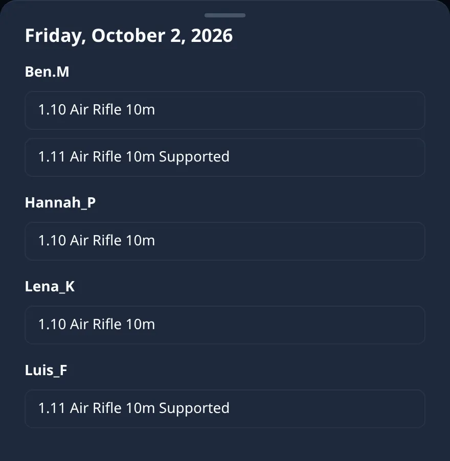 Ring Reader screenshot: the same day view in a training group with "Attendance only": Friday, October 2, 2026, Ben.M with "1.10 Air Rifle 10m" and "1.11 Air Rifle 10m Supported", Hannah_P and Lena_K with "1.10 Air Rifle 10m", Luis_F with "1.11 Air Rifle 10m Supported", no results