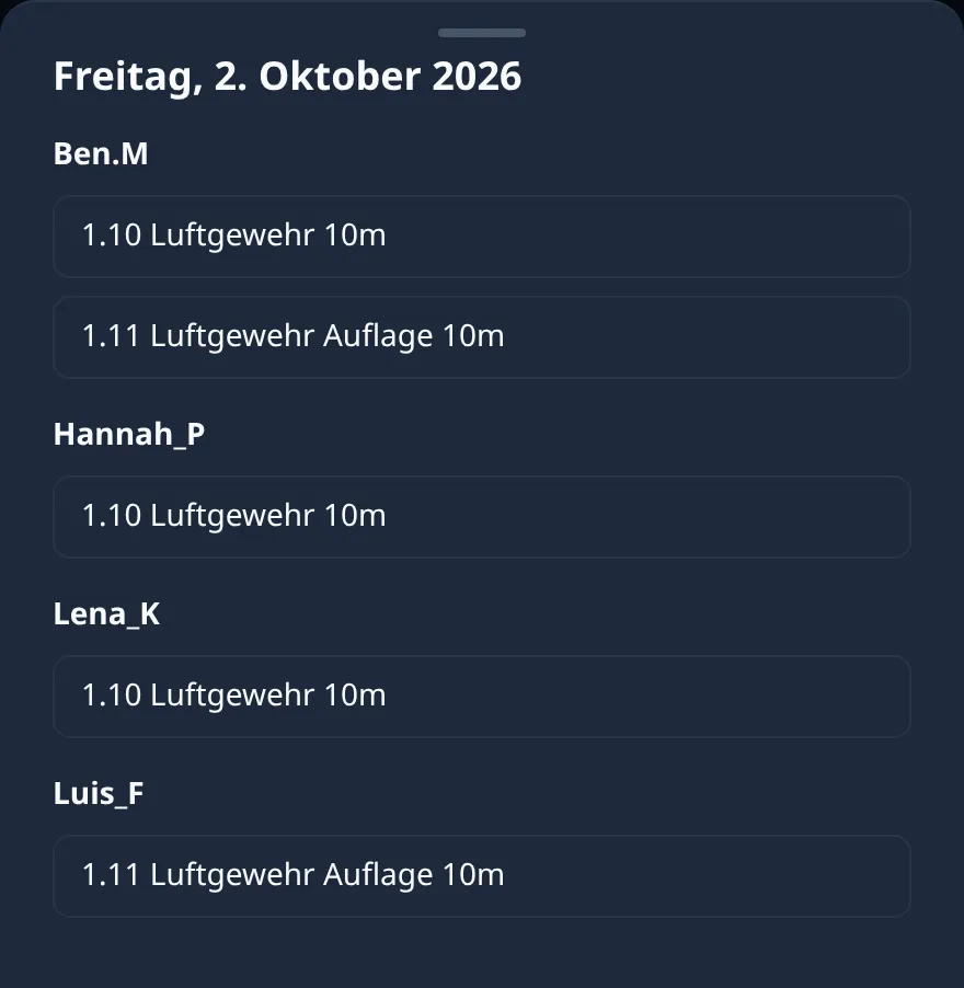 Ring Reader Screenshot: dieselbe Tagesansicht in einer Trainingsgruppe mit „Nur Anwesenheit“: Freitag, 2. Oktober 2026, Ben.M mit „1.10 Luftgewehr 10m“ und „1.11 Luftgewehr Auflage 10m“, Hannah_P und Lena_K mit „1.10 Luftgewehr 10m“, Luis_F mit „1.11 Luftgewehr Auflage 10m“, ohne Ergebnisse