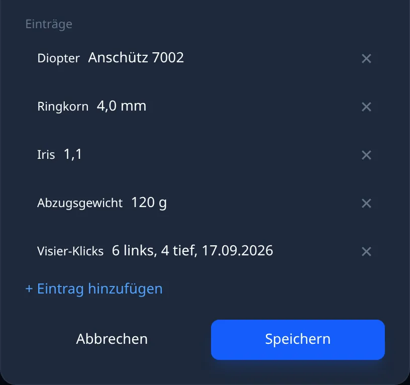 Ring Reader Screenshot: Profil-Editor mit den Einträgen des Waffenprofils und dem neuen Eintrag „Visier-Klicks“ mit dem Wert „6 links, 4 tief, 17.09.2026“