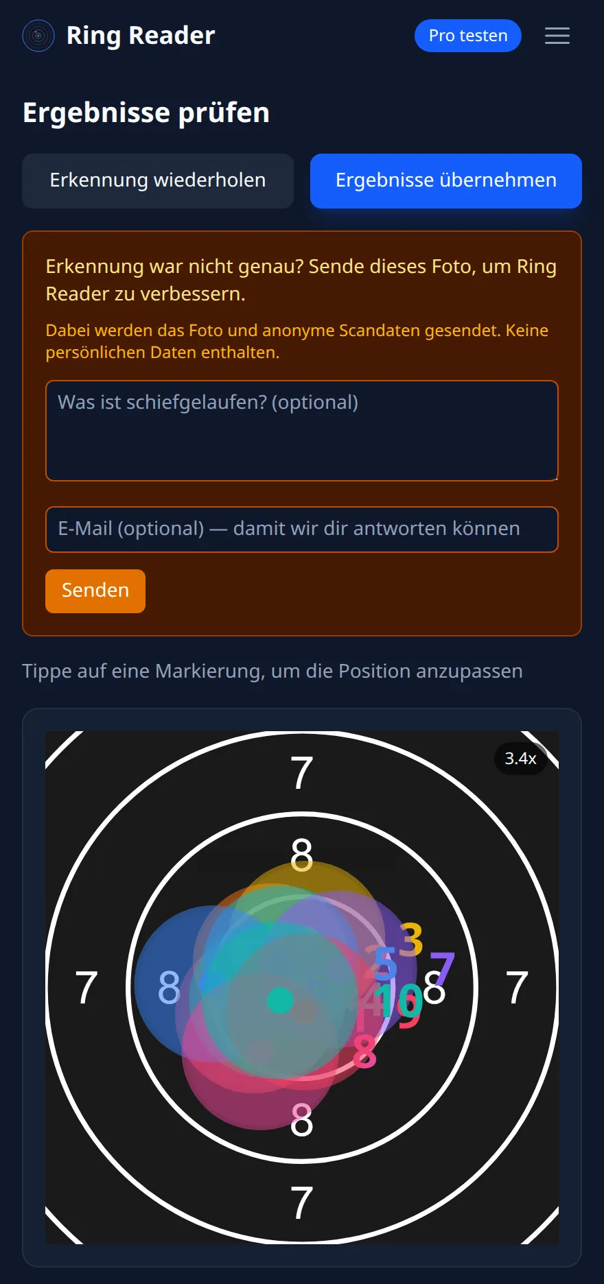 Ring Reader Screenshot: Seite „Ergebnisse prüfen“ mit der aufgeklappten Auswertung „Erkennung war nicht genau? Sende dieses Foto, um Ring Reader zu verbessern.“, dem Feld „Was ist schiefgelaufen?“, dem E-Mail-Feld und „Senden“, darunter die erkannte Scheibe