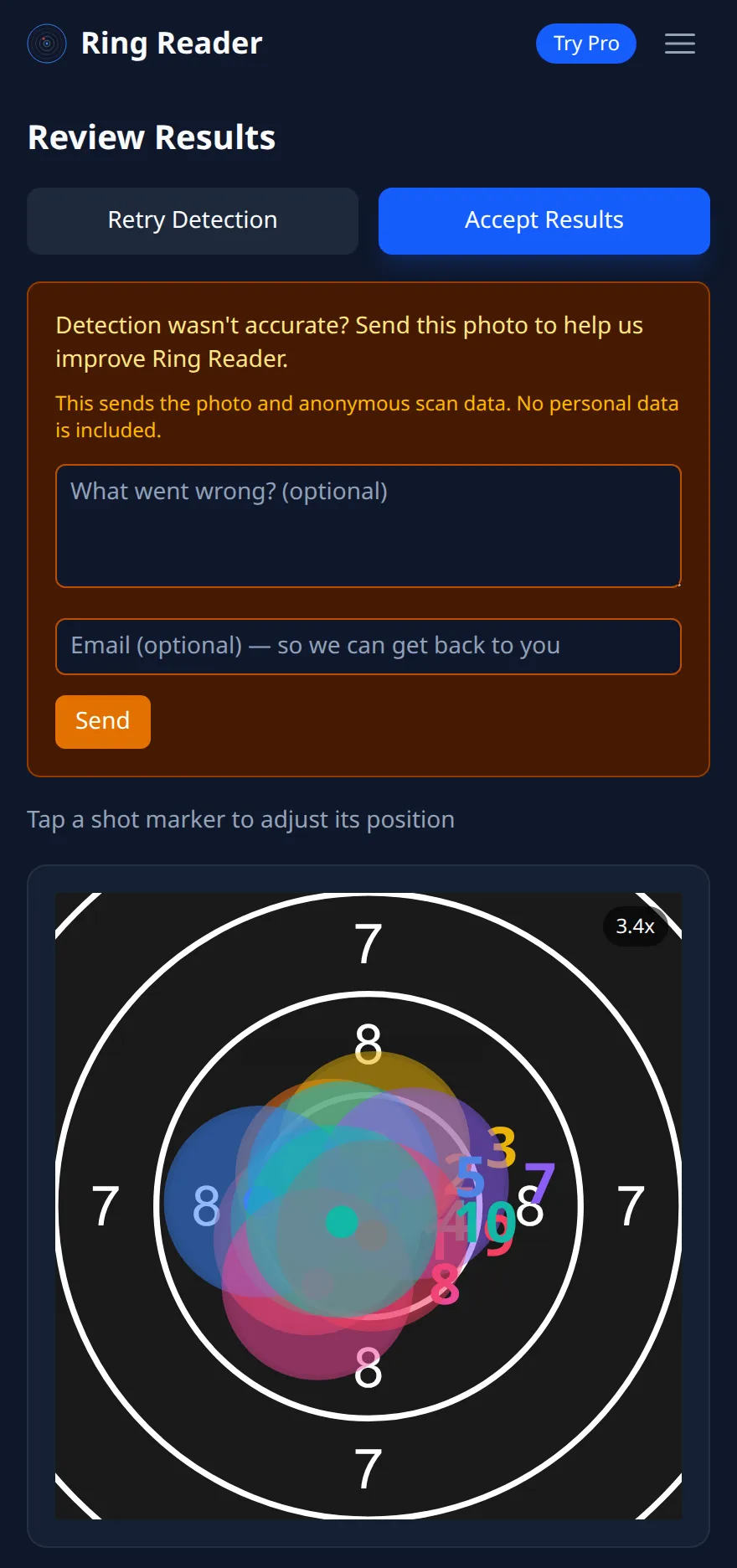 Ring Reader screenshot: the "Review Results" page with the expanded card "Detection wasn't accurate? Send this photo to help us improve Ring Reader.", the field "What went wrong?", the email field and "Send", below it the recognized target